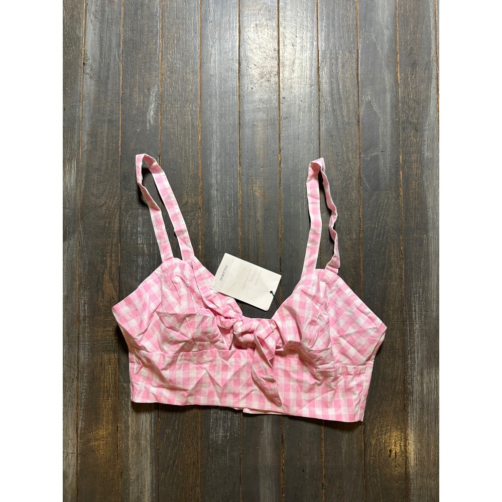 Pull&Bear Pink Gingham Tie Front Crop Bralette Top New With Tags